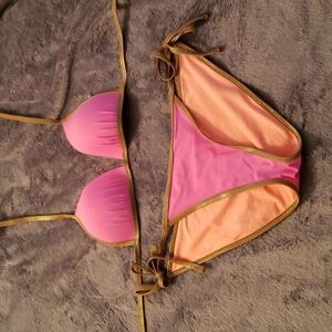 Aerie pink/orange w gold string bikini
